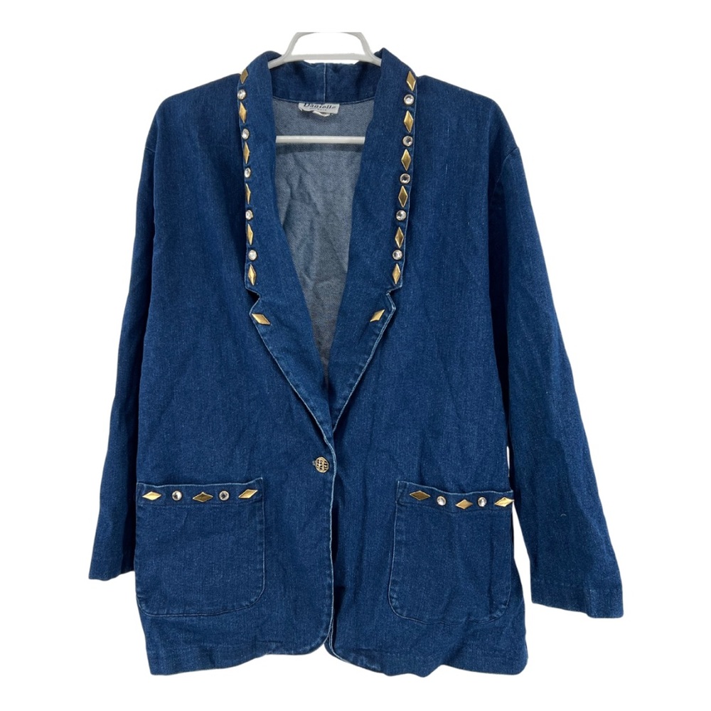 Danielle made in USA denim blazer jacket gold detail gems 80s large retro jean